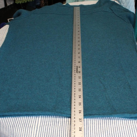 Vintage XL Teal Blue Wool Angora Blend Deep V-Neck Ribbed Sleeve Y2K Sweater - Picture 11 of 12